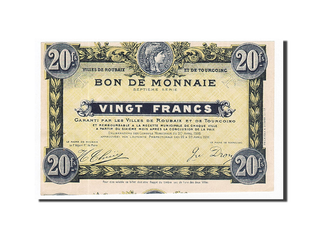Banknote, Pirot:59-2094, 20 Francs, 1916, France, UNC(63), Roubaix et Tourcoing
