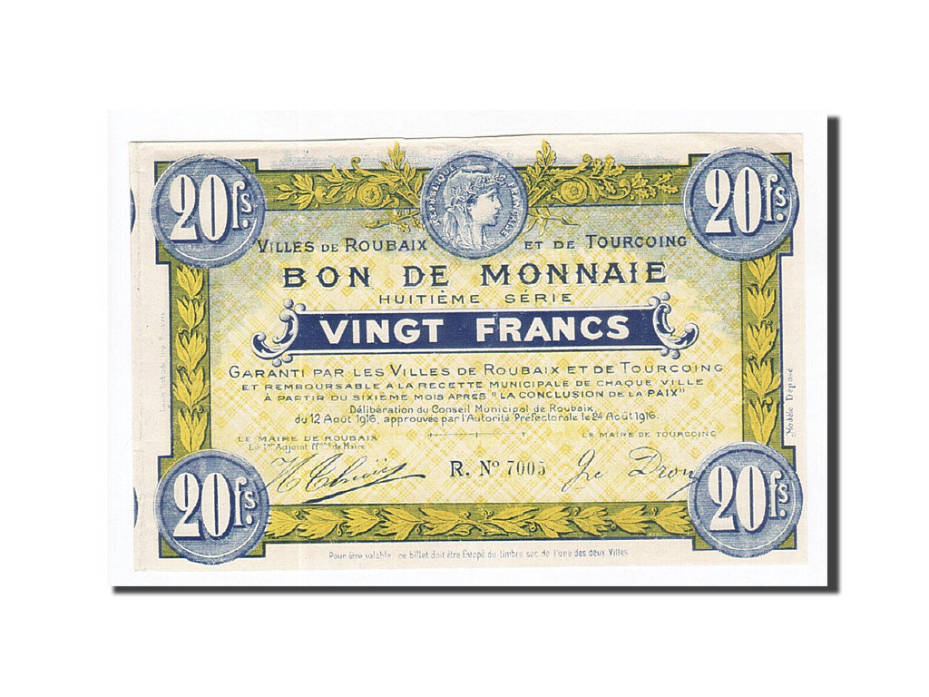 Billet, France, Roubaix et Tourcoing, 20 Francs, 1916, NEUF, Pirot:59-2114