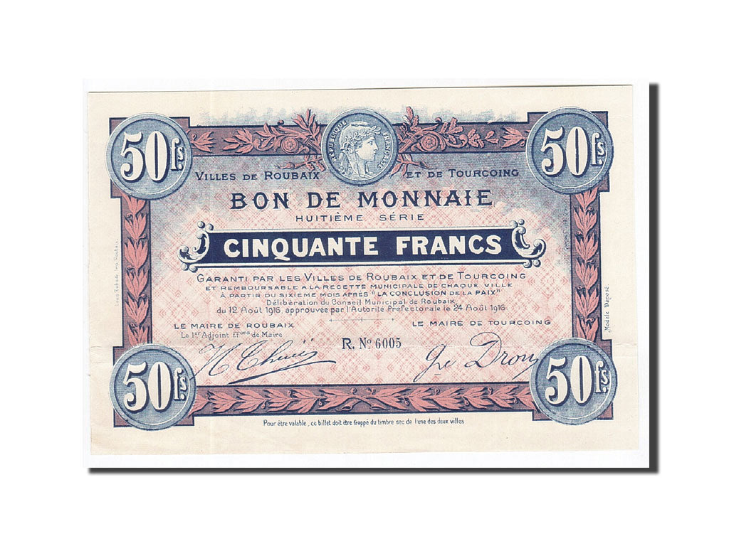 Banknote, Pirot:59-2117, 50 Francs, 1916, France, UNC(63), Roubaix et Tourcoing