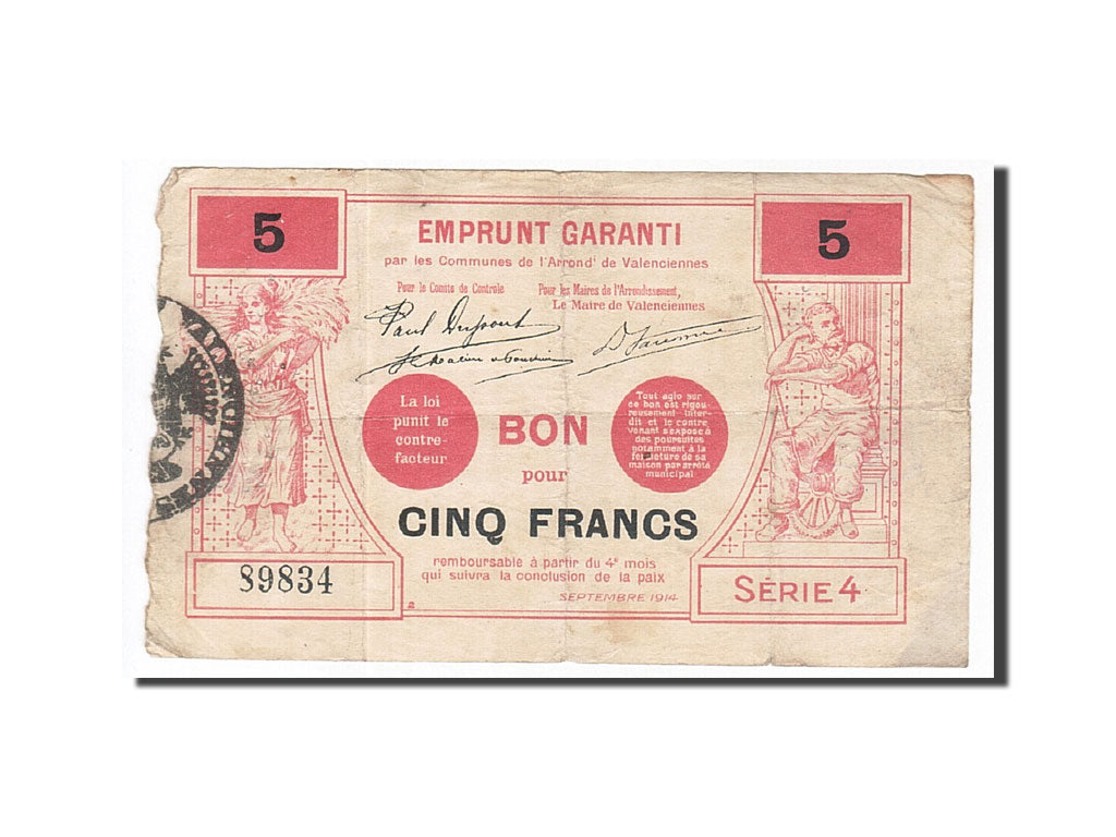 Geldschein, Frankreich, Valenciennes, 5 Francs, 1914, S+, Pirot:59-2545