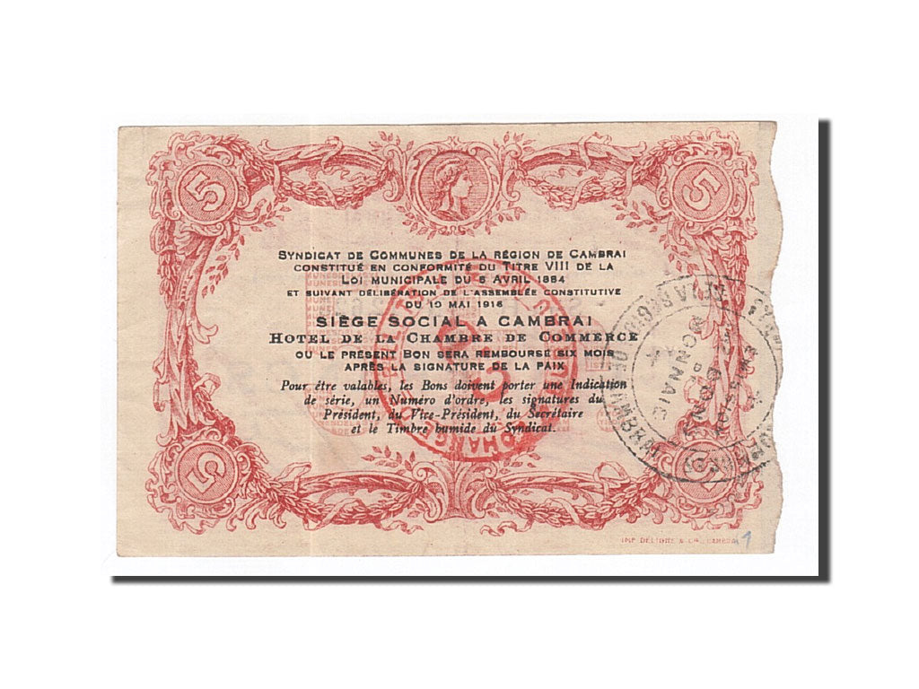 Banknot, Francja, Cambrai, 5 Francs, 1916, AU(55-58), Pirot:59-493