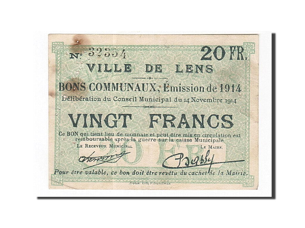 Biljet, Pirot:62-794, 20 Francs, 1914, Frankrijk, TTB, Lens