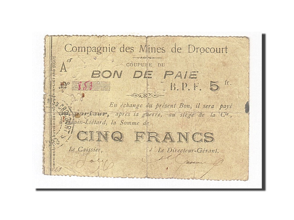 Biljet, Pirot:62-476, 5 Francs, Frankrijk, TB, Drocourt