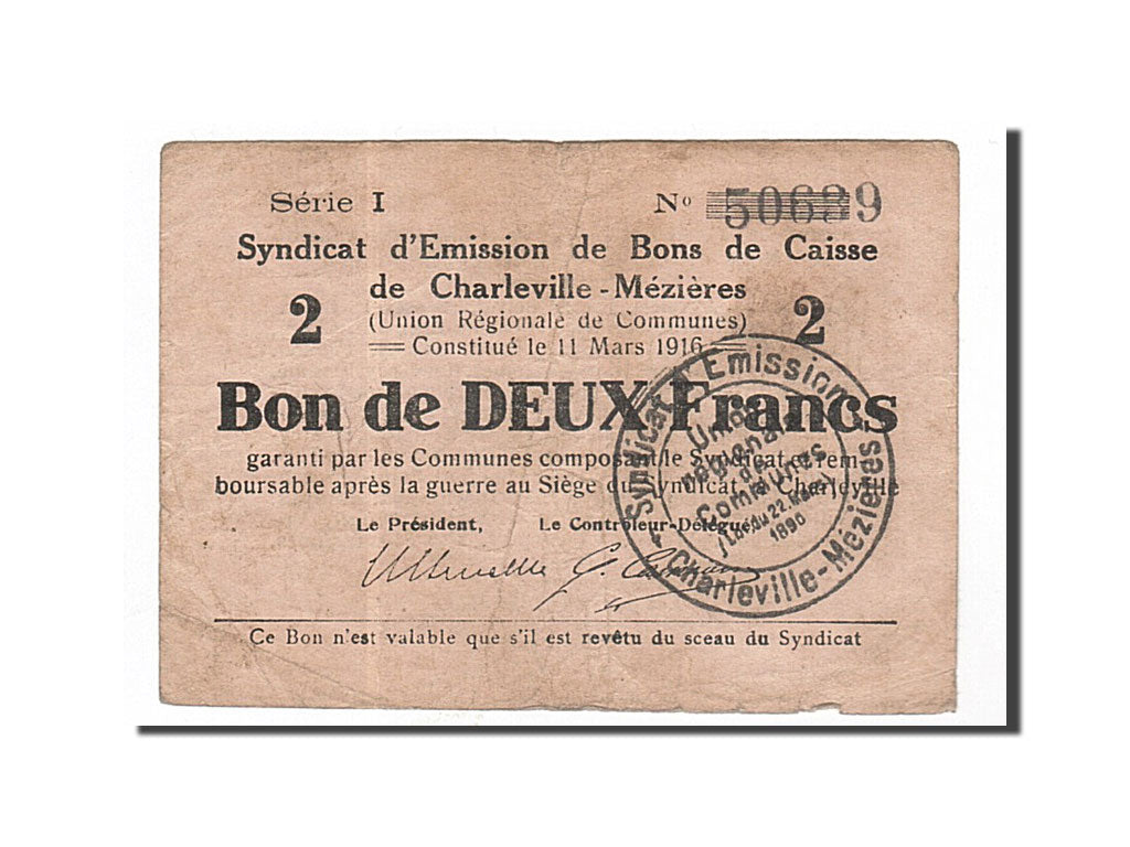 Biljet, Pirot:08-90, 2 Francs, 1916, Frankrijk, TB+, Charleville-Mézières