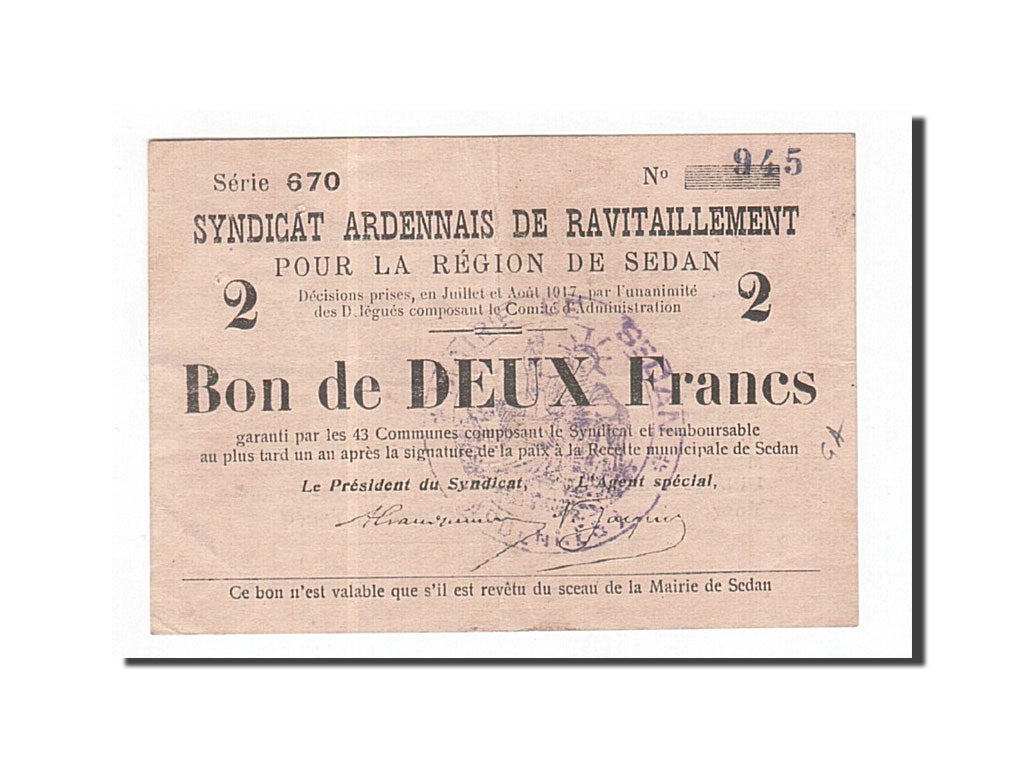 Biljet, Pirot:08-298, 2 Francs, 1917, Frankrijk, TTB+, Sedan