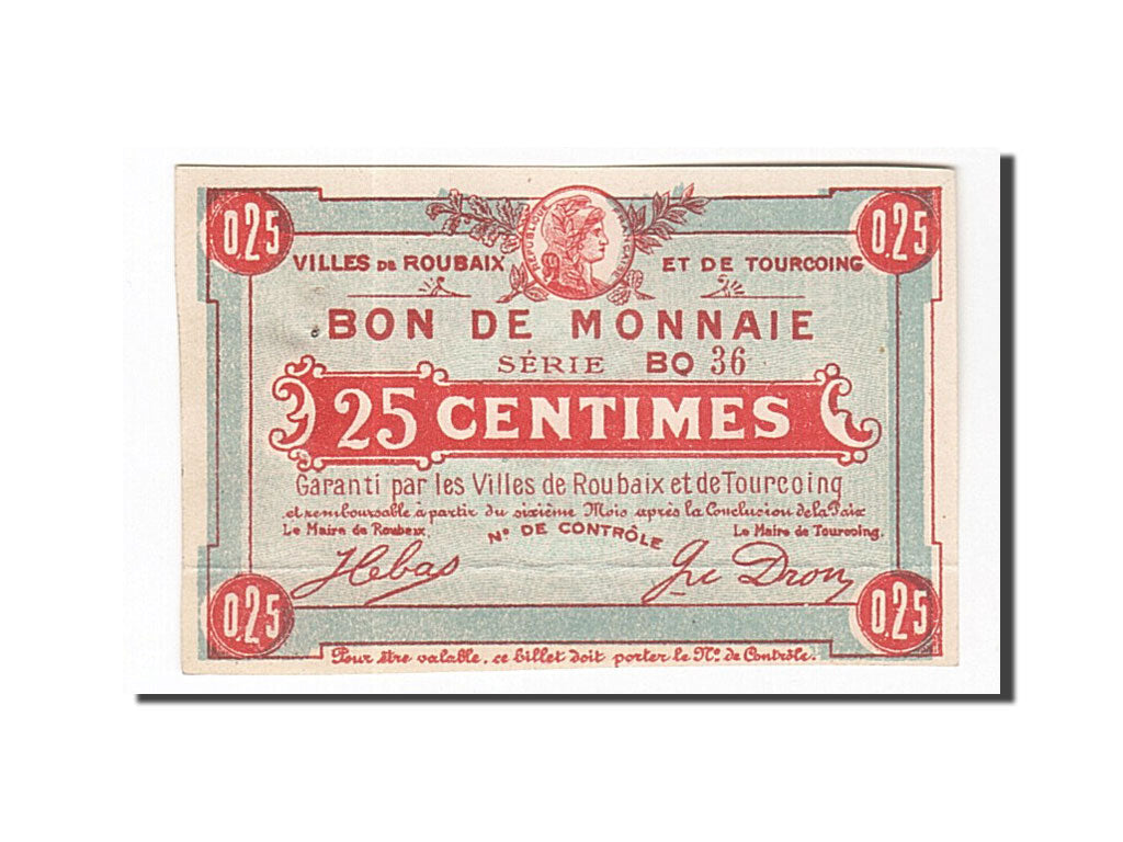 Banknot, Francja, Roubaix et Tourcoing, 25 Centimes, UNC(65-70), Pirot:59-2052