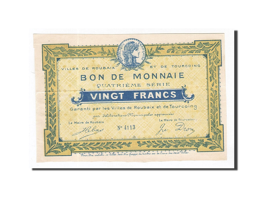 Banknot, Francja, Roubaix et Tourcoing, 20 Francs, AU(55-58), Pirot:59-2069