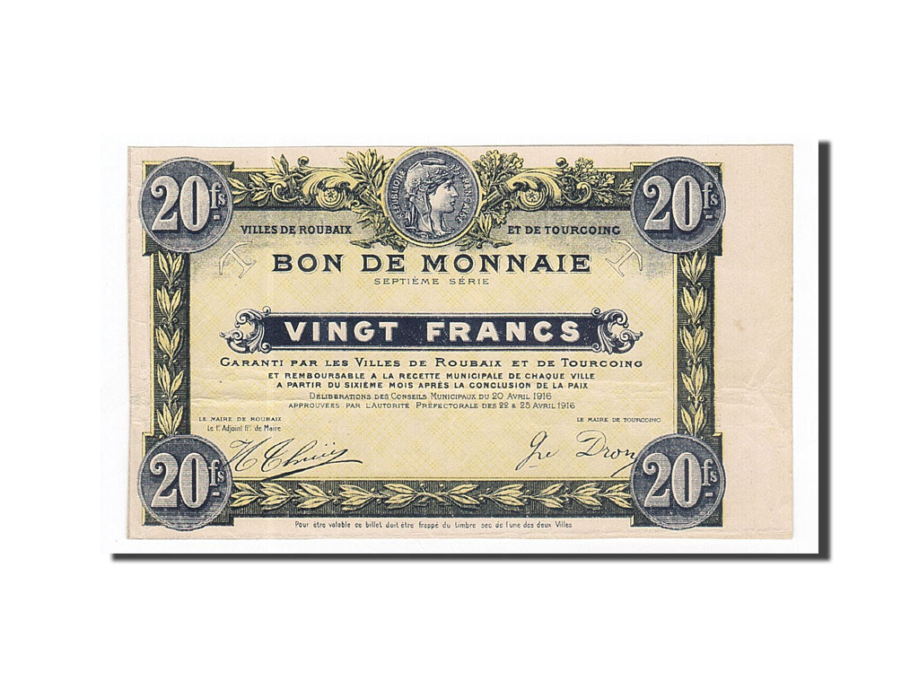 Banknot, Francja, Roubaix et Tourcoing, 20 Francs, 1916, EF(40-45)