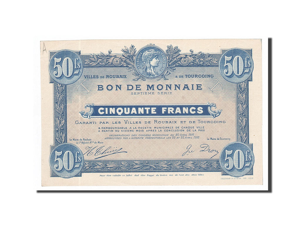 Banknot, Francja, Roubaix et Tourcoing, 50 Francs, 1916, UNC(65-70)