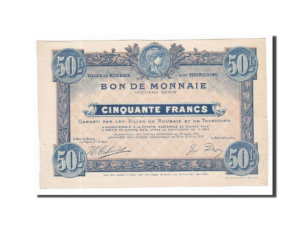 Biljet, Pirot:59-2097, 50 Francs, 1916, Frankrijk, SUP, Roubaix et Tourcoing