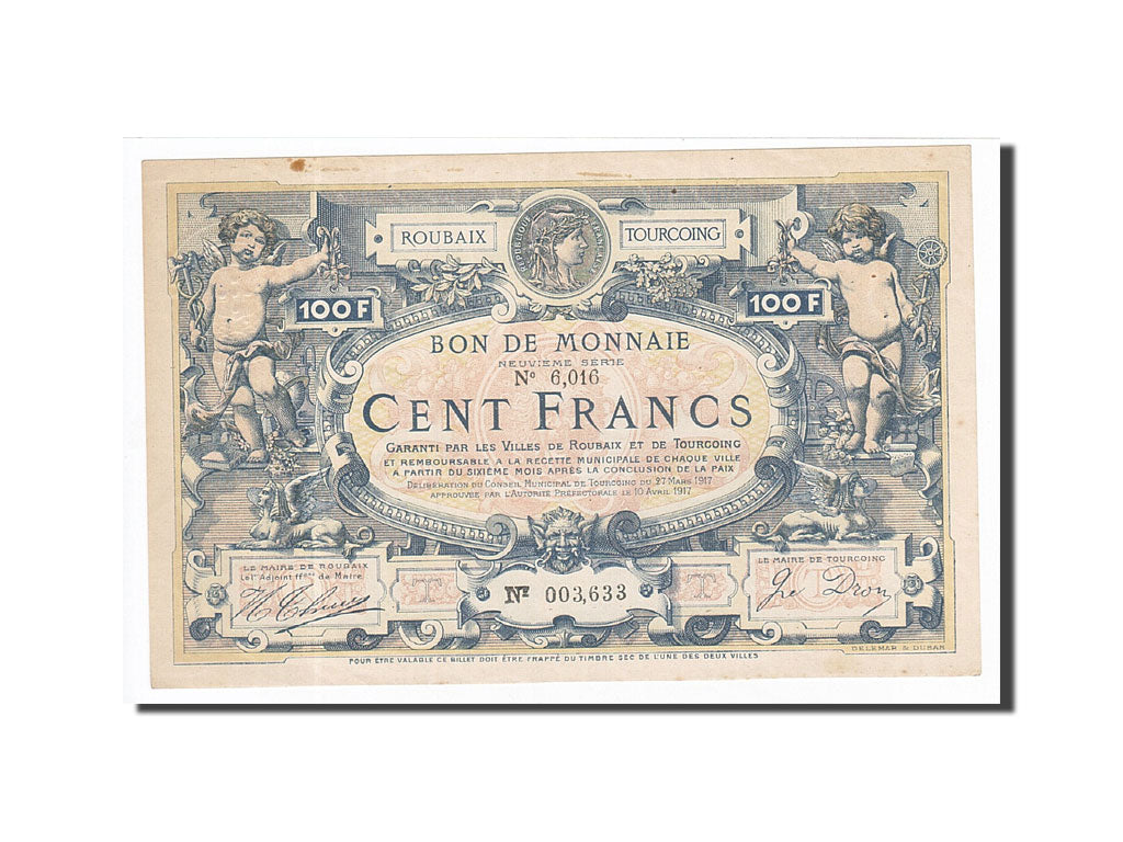 Banknote, Pirot:59-2149, 100 Francs, 1917, France, UNC(60-62), Roubaix et
