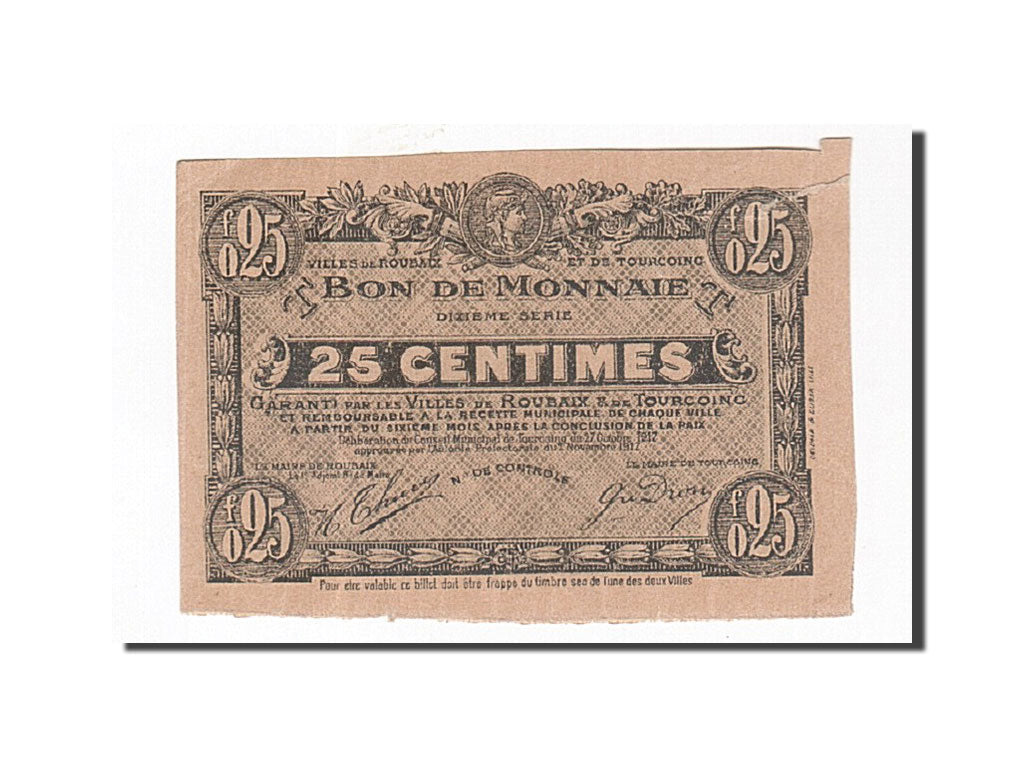 Billet, France, Roubaix et Tourcoing, 25 Centimes, 1917, TTB, Pirot:59-2160