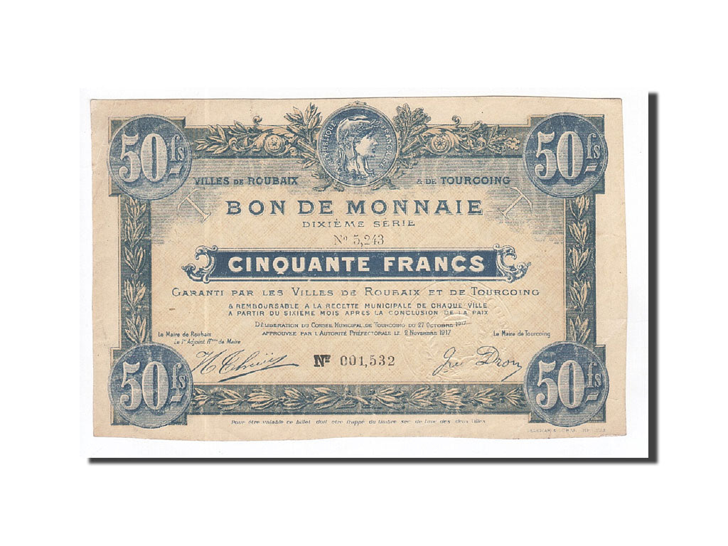 Banknote, Pirot:59-2171, 50 Francs, 1917, France, AU(50-53), Roubaix et