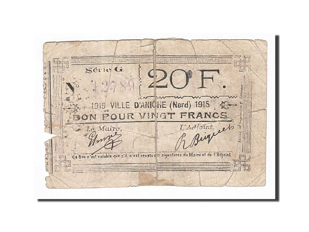 Banknote, Pirot:59-55, 20 Francs, 1915, France, VG(8-10), Aniche