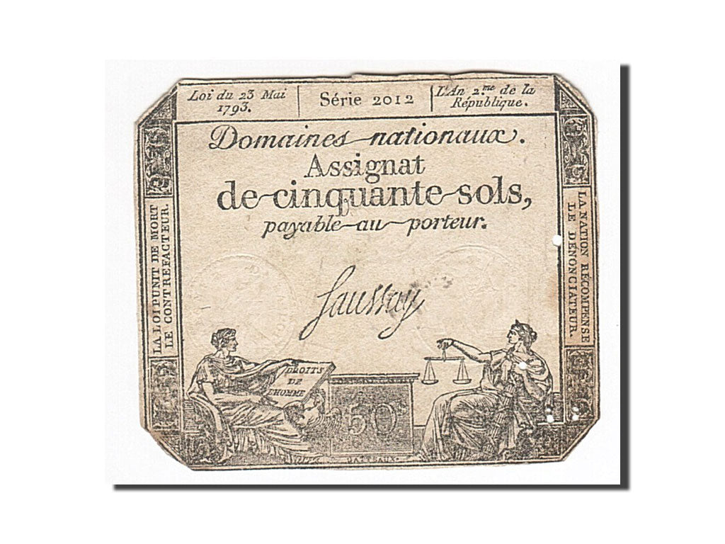 Billete, Francia, 50 Sols, 1793, Saussay, 1793-05-23, BC, KM:A70b, Lafaurie:167