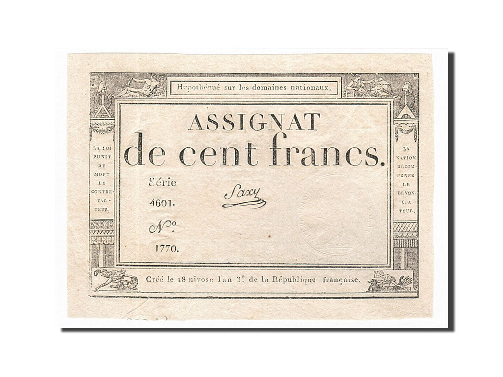 Banknote, France, 100 Francs, 1795, Saxy, 1795-01-07, AU(55-58), KM:A78