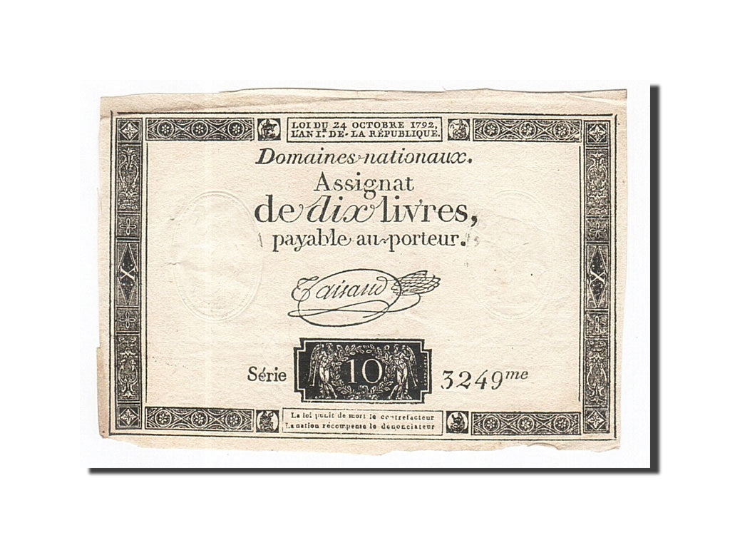 Banknote, France, 10 Livres, 1792, Taisaud, 1792-10-24, EF(40-45), KM:A66a