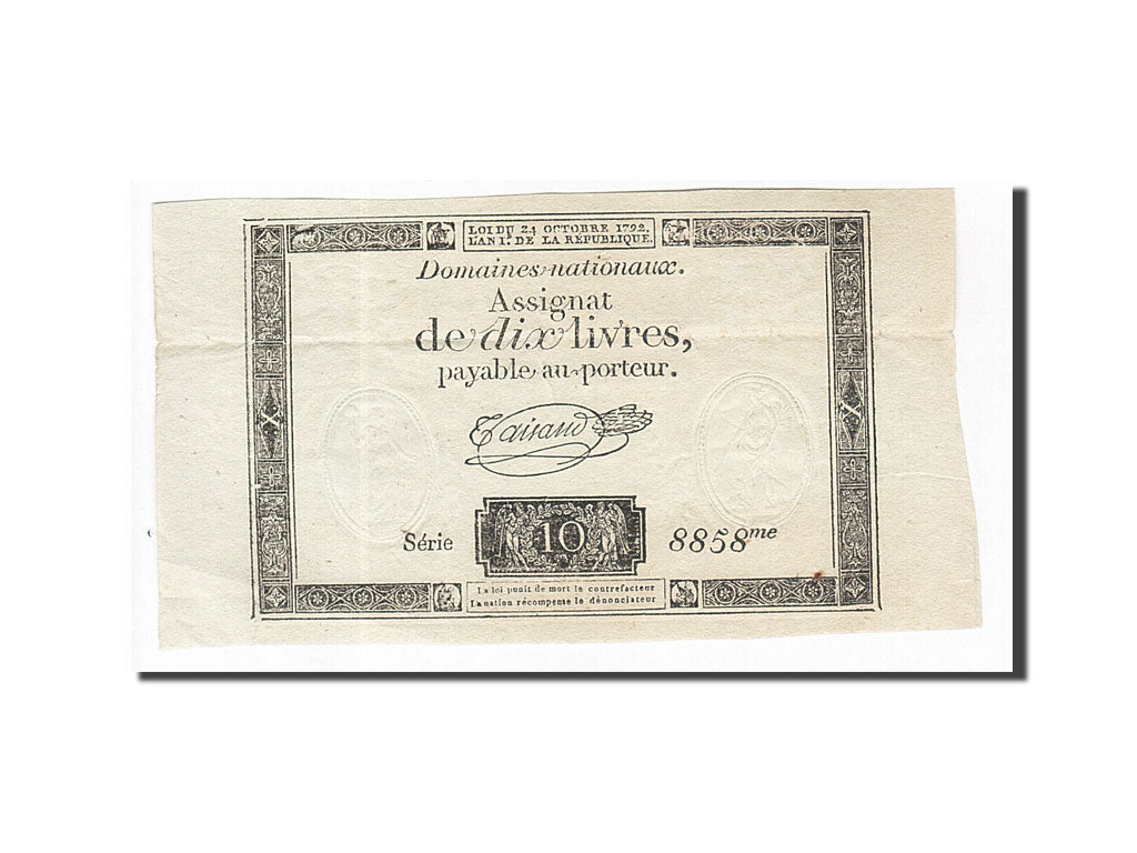 Biljet, Frankrijk, 10 Livres, 1792, Taisaud, 1792-10-24, SUP, KM:A66b