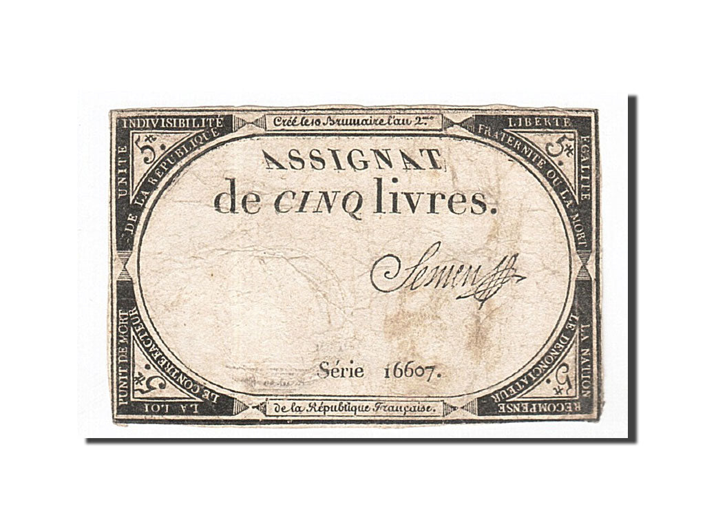 Banconote, Francia, 5 Livres, 1793, Semen, 1793-10-31, MB, KM:A76, Lafaurie:171