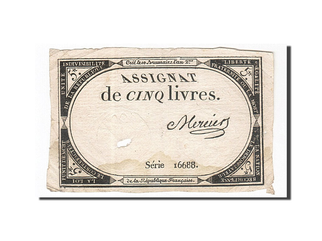 Biljet, Frankrijk, 5 Livres, 1793, Mercier, 1793-10-31, TB, KM:A76, Lafaurie:171