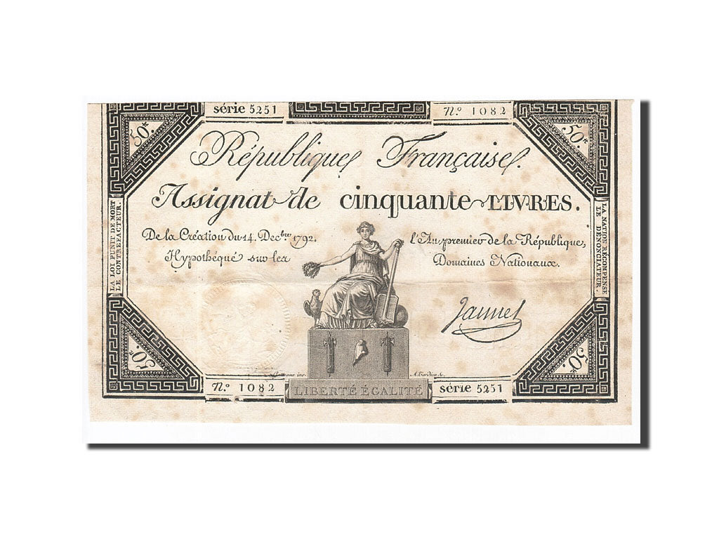 Banknote, France, 50 Livres, 1792, Jannel, 1792-12-14, VF(30-35), KM:A72