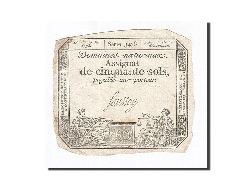 Banconote, Francia, 50 Sols, 1793, 1793-05-23, MB, KM:A70b, Lafaurie:167