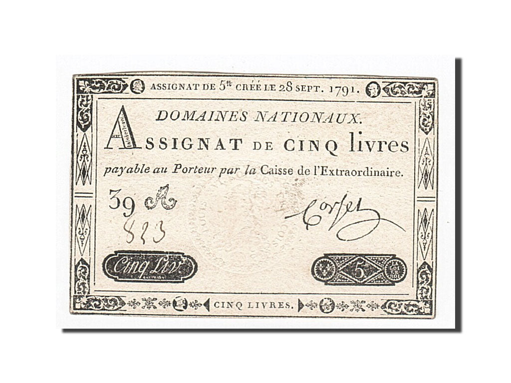 Geldschein, Frankreich, 5 Livres, 1791, Corset, 1791-09-28, VZ, KM:A49