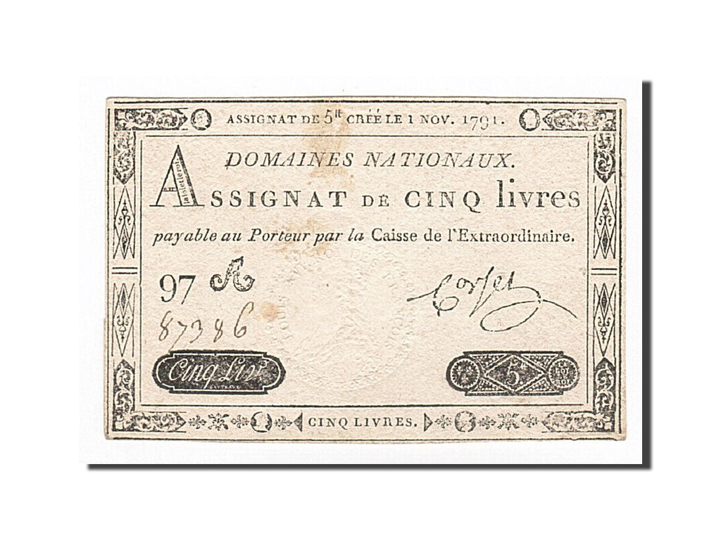 Banconote, Francia, 5 Livres, 1791, Corset, 1791-11-01, BB+, KM:A50