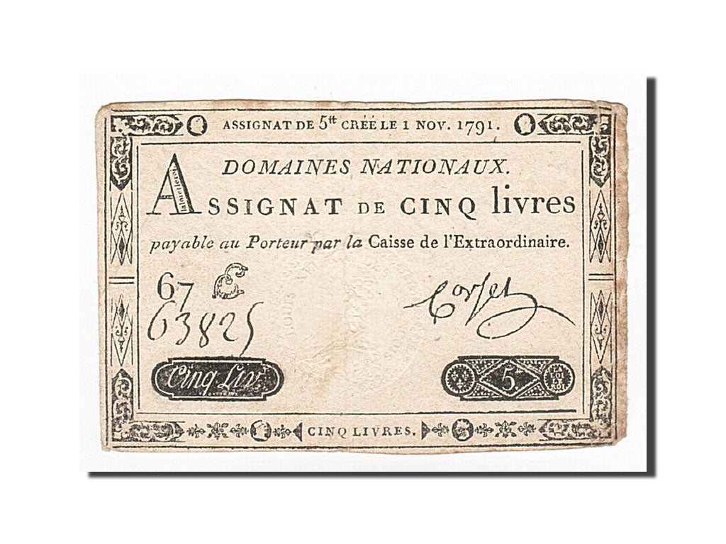Biljet, Frankrijk, 5 Livres, 1791, Corset, 1791-11-01, TTB, KM:A50, Lafaurie:145