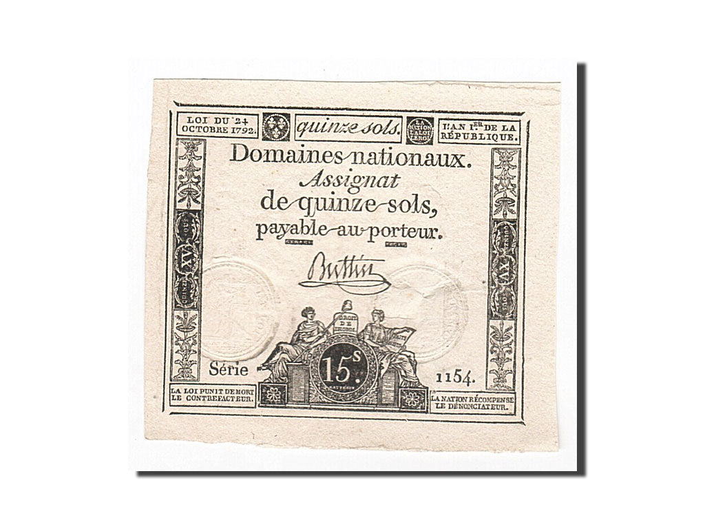 Banknote, France, 15 Sols, 1792, Buttin, 1792-10-24, AU(55-58), KM:A65