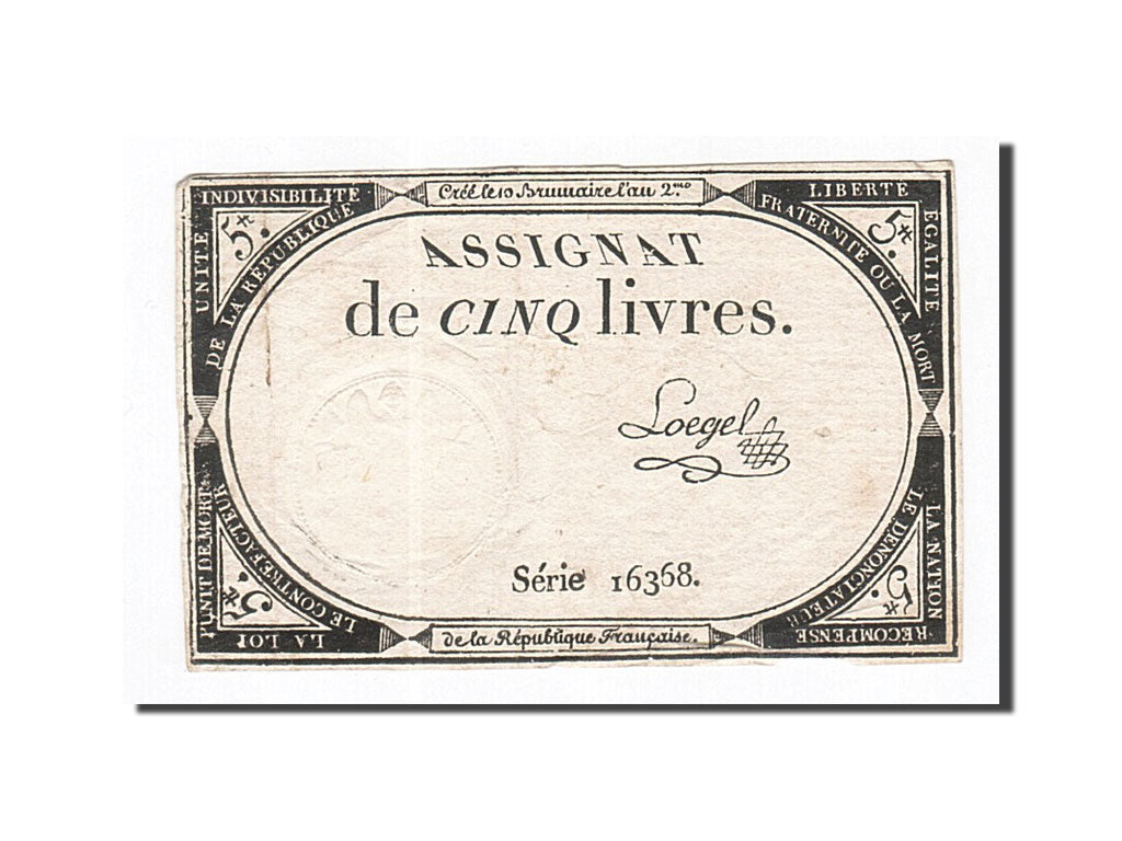 Banknote, France, 5 Livres, 1793, Loegel, 1793-10-31, EF(40-45), KM:A76