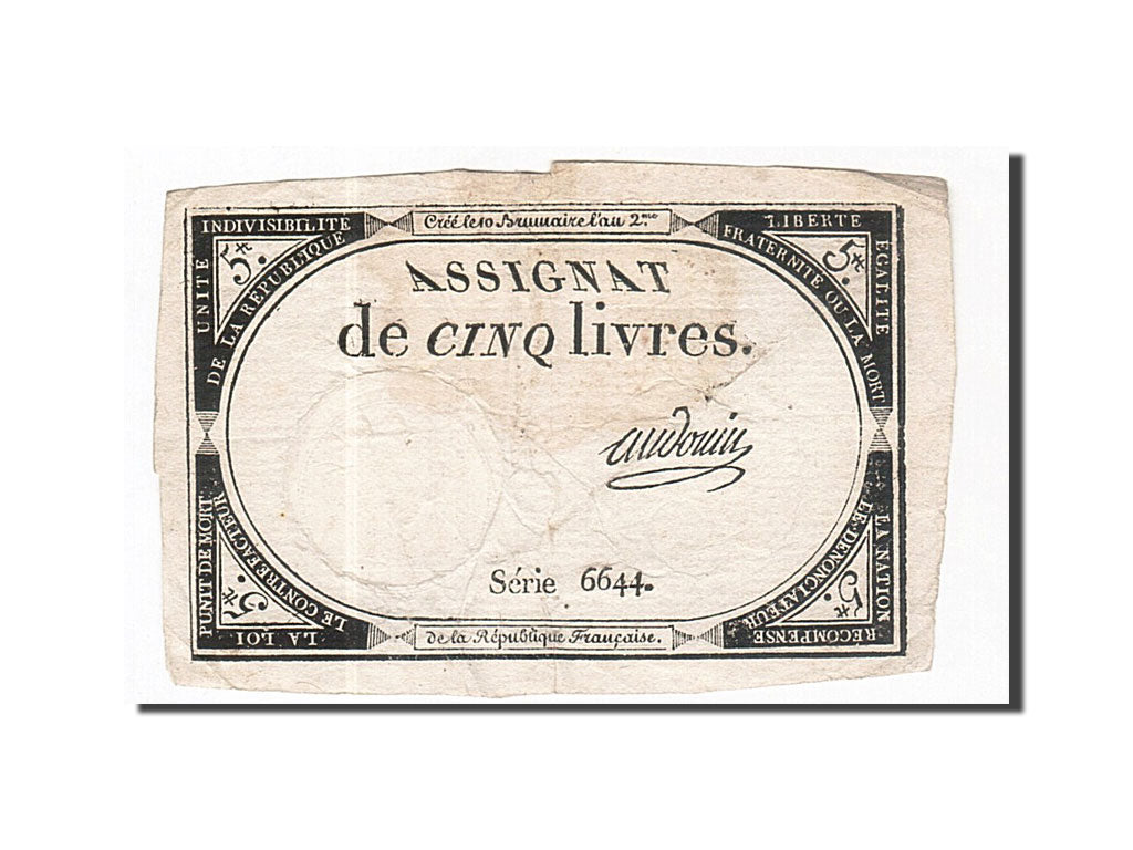 Geldschein, Frankreich, 5 Livres, 1793, Audouin, 1793-10-31, SS, KM:A76