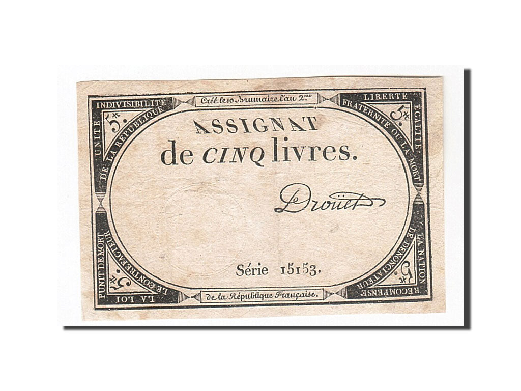 Banknote, France, 5 Livres, 1793, Drouet, 1793-10-31, EF(40-45), KM:A76