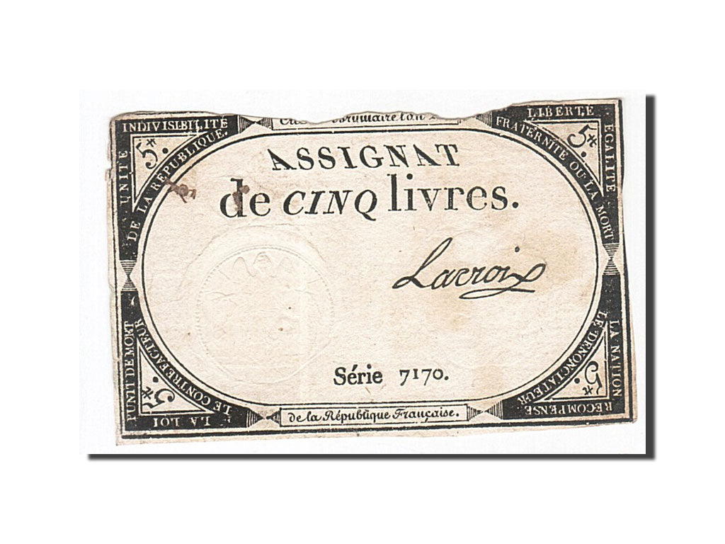 Banconote, Francia, 5 Livres, 1793, Lacroix, 1793-10-31, MB, KM:A76