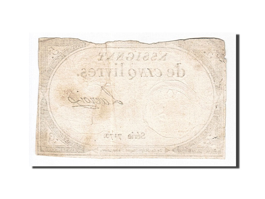 Banconote, Francia, 5 Livres, 1793, Lacroix, 1793-10-31, MB, KM:A76