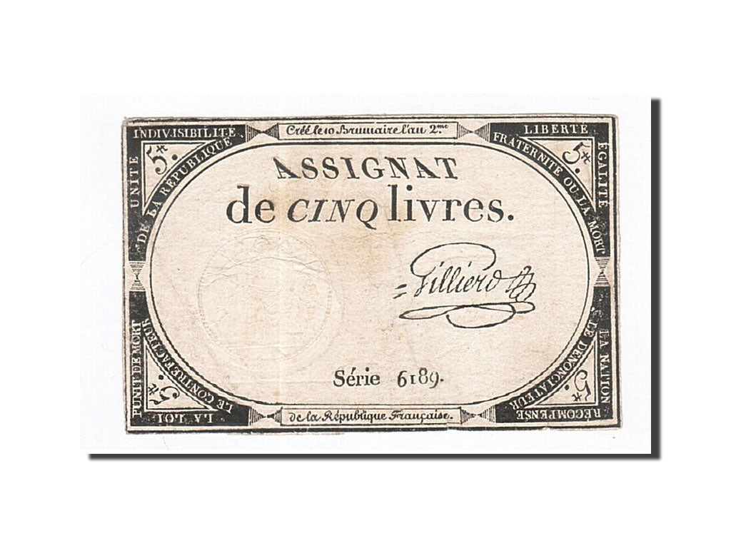 Banconote, Francia, 5 Livres, 1793, Gilliero, 1793-10-31, BB, KM:A76