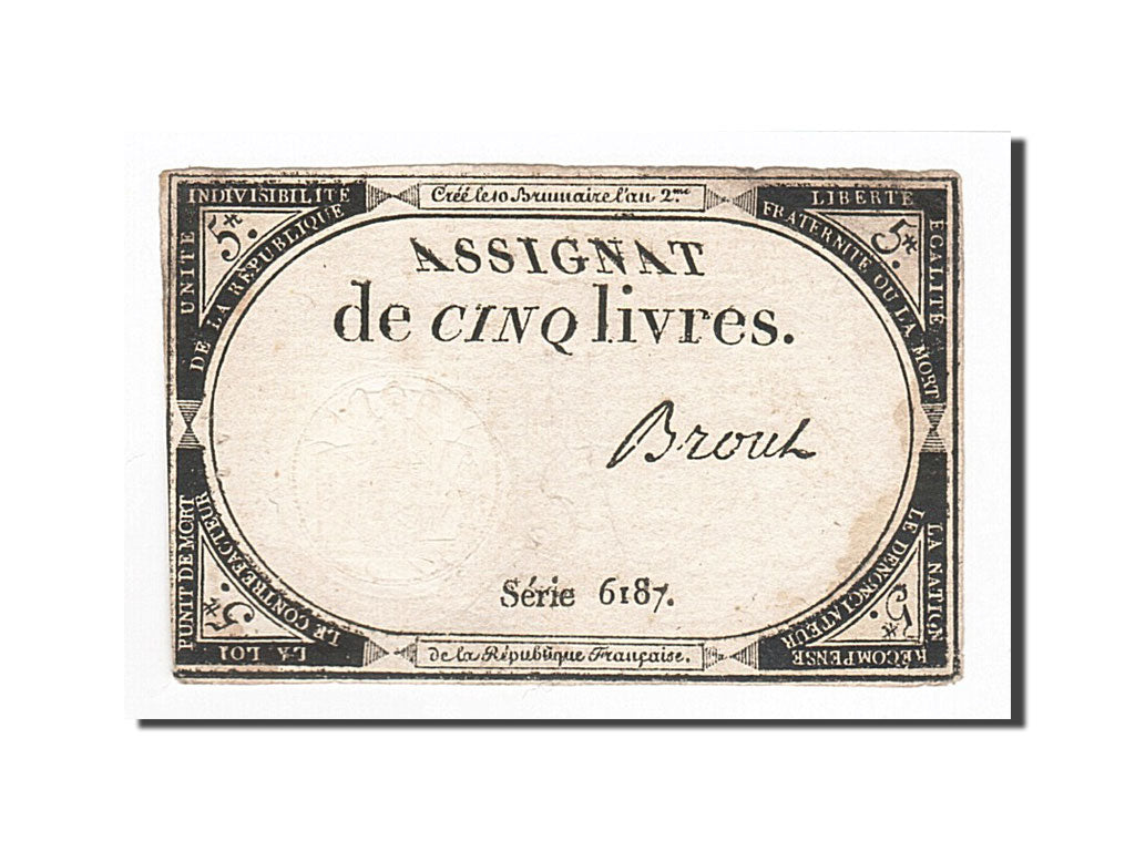 Banconote, Francia, 5 Livres, 1793, Brouz, 1793-10-31, BB, KM:A76, Lafaurie:171
