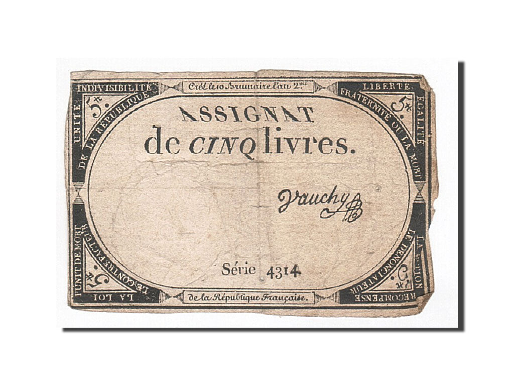 Banknote, France, 5 Livres, 1793, Vauchy, 1793-10-31, VF(20-25), KM:A76