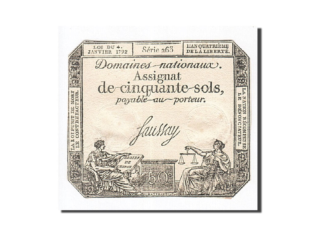 Banconote, Francia, 50 Sols, 1792, Saussay, 1792-01-04, SPL-, KM:A56