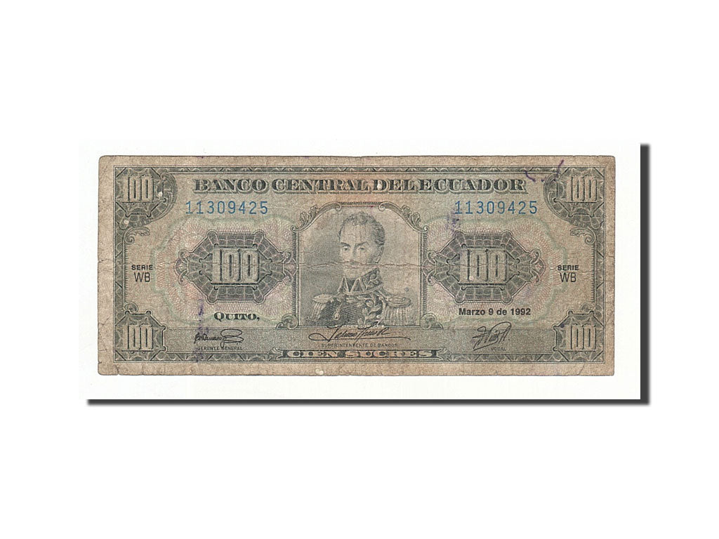 Banknote, Ecuador, 100 Sucres, 1992-3-9, KM:123Ab, VF(20-25)