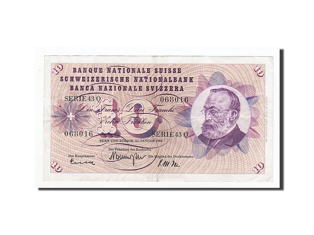 Banknote, Switzerland, 10 Franken, 1954-1961, 1965-01-21, KM:45j, EF(40-45)