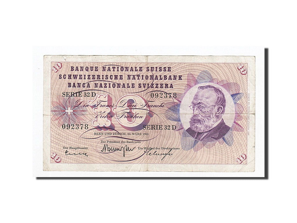 Banknote, Switzerland, 10 Franken, 1963-03-28, KM:45h, VF(30-35)