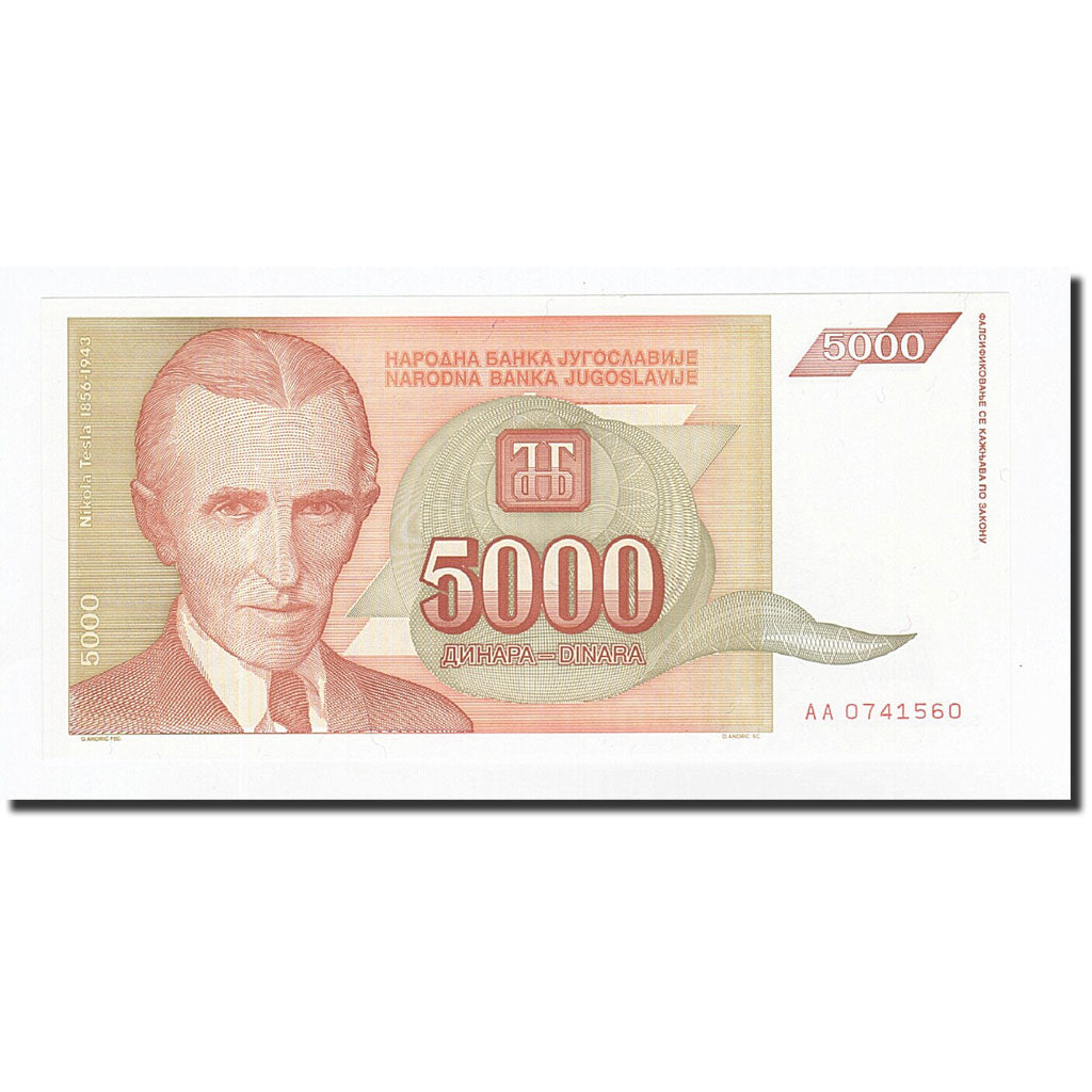 Banconote, Iugoslavia, 5000 Dinara, 1993, KM:128, FDS