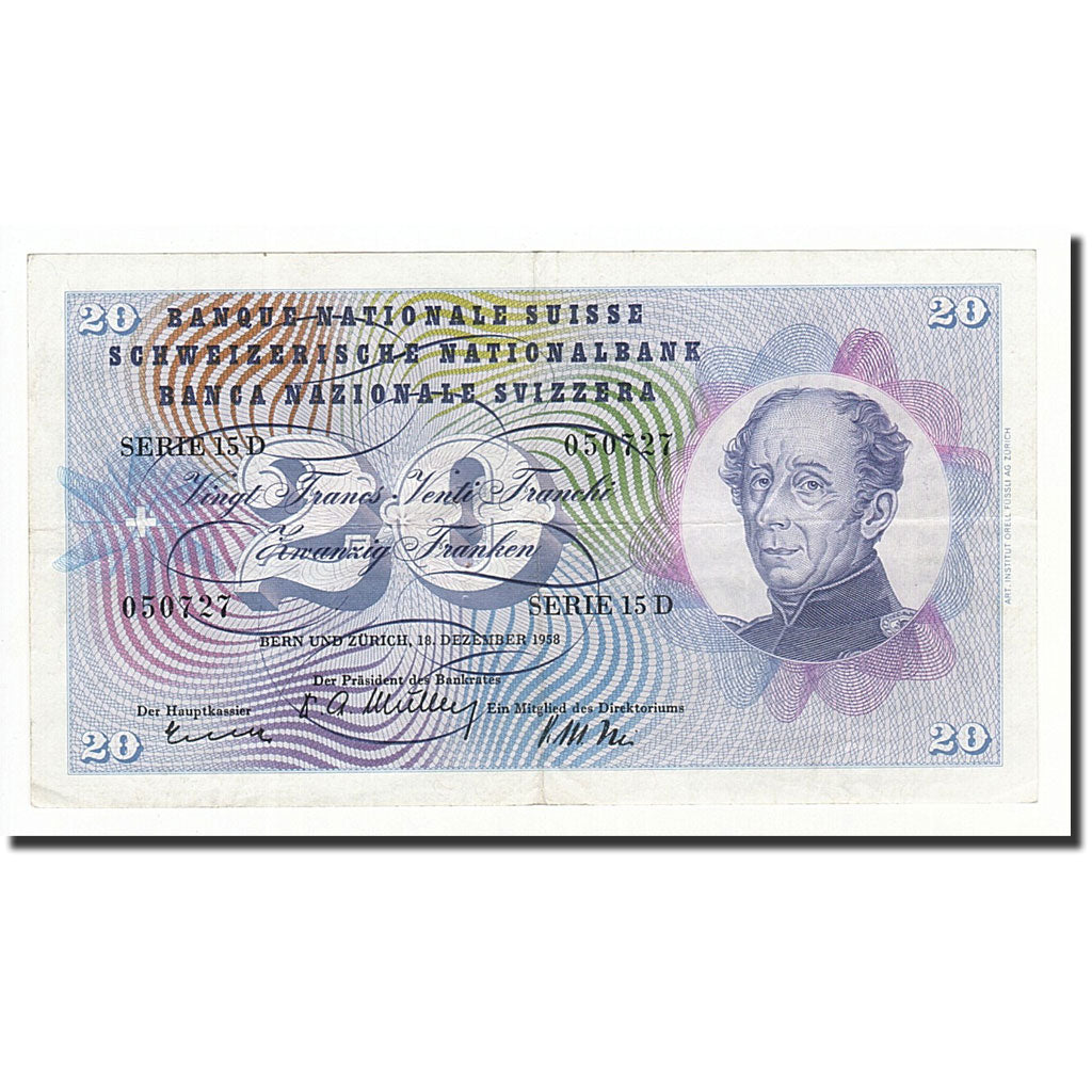 Banknote, Switzerland, 20 Franken, 1958, 1958-12-18, KM:46f, VF(20-25)