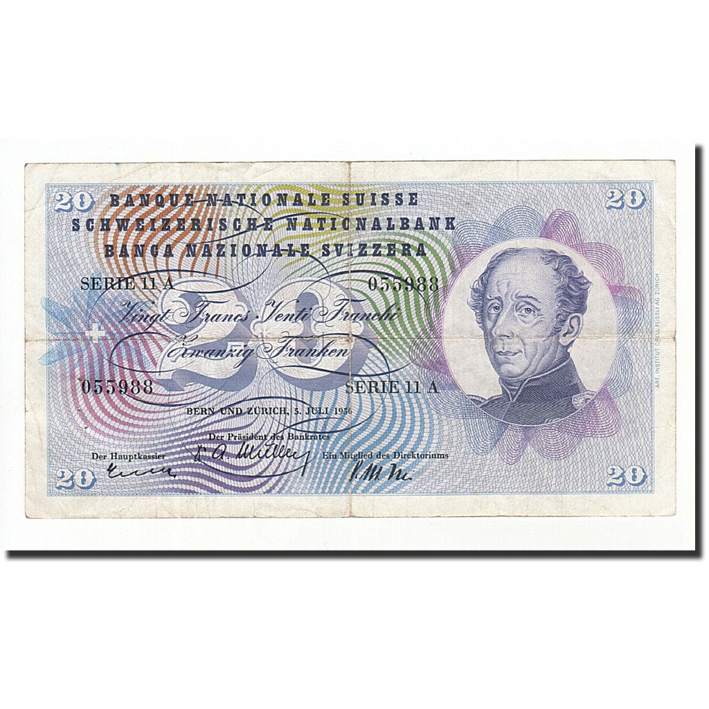 Banknote, Switzerland, 20 Franken, 1956-07-05, KM:46d, VG(8-10)