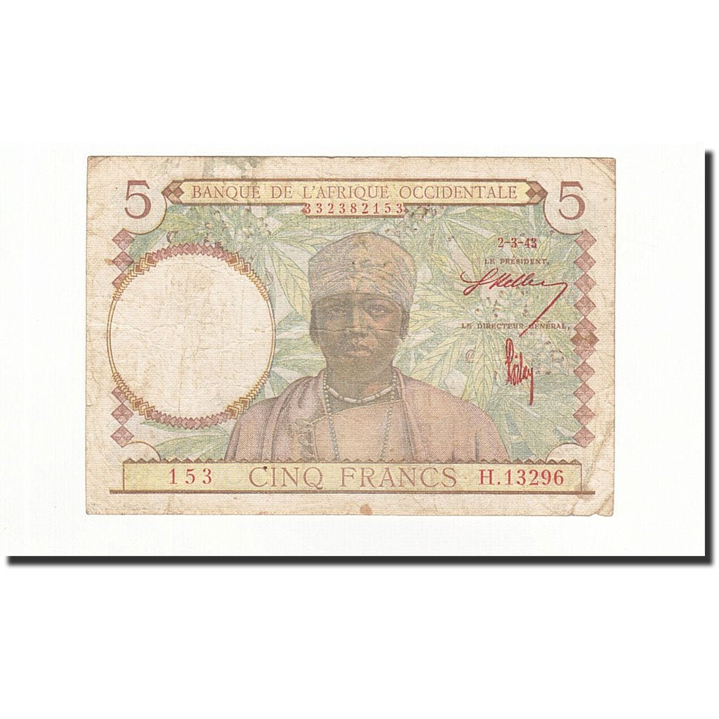 Billete, 5 Francs, África oriental francesa, KM:26, 1943-03-02, BC