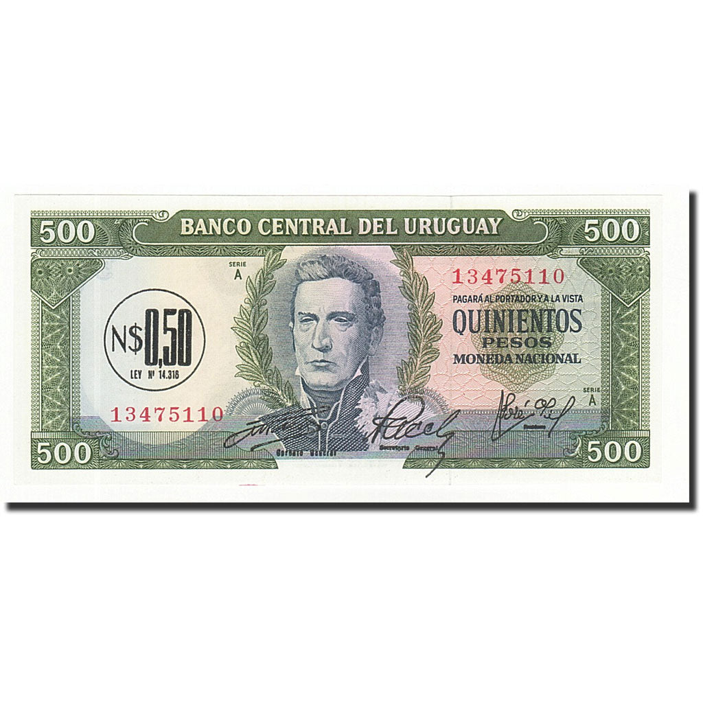 Geldschein, Uruguay, 0.50 Nuevo Peso on 500 Pesos, Undated (1975), KM:54, UNZ