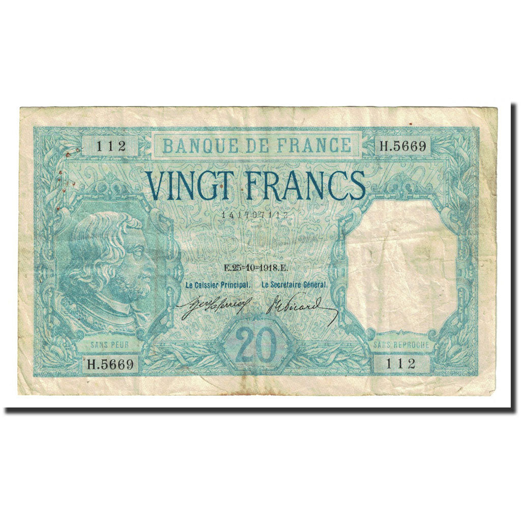 Francia, 20 Francs, 20 F 1916-1919 ''Bayard'', 1918-10-25, MB+, Fayette:11.3