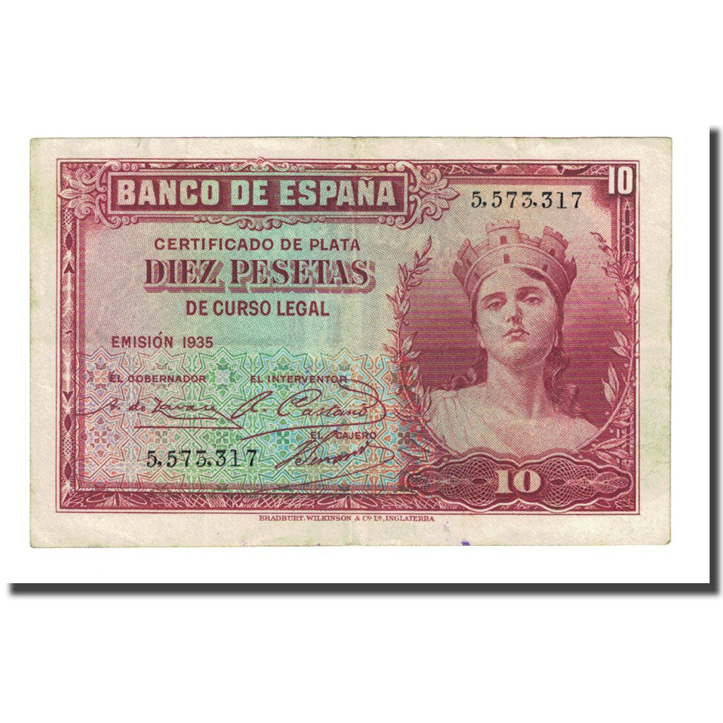 Biljet, Spanje, 10 Pesetas, 1935, KM:86a, TTB