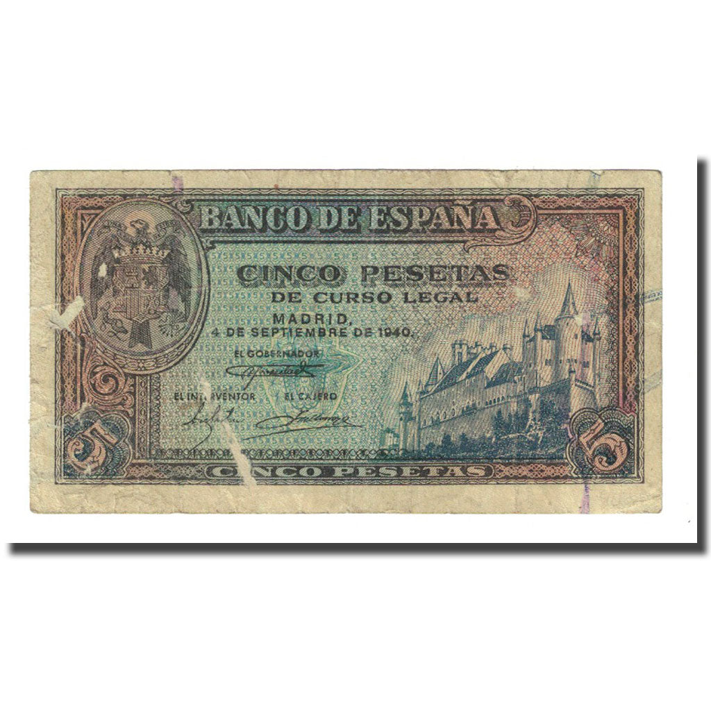 Billet, Espagne, 5 Pesetas, 1940-09-04, KM:123a, TB